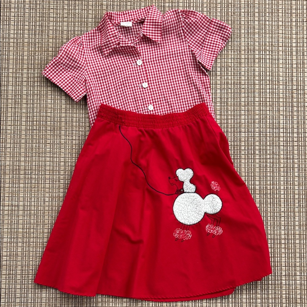 Girls Poodle Skirt Gingham Checked Shirt Set, Size 8, Vintage, Made in USA